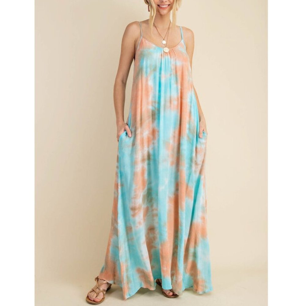 Plus Boho Aqua Orange Tie Dye Cami Maxi Dress